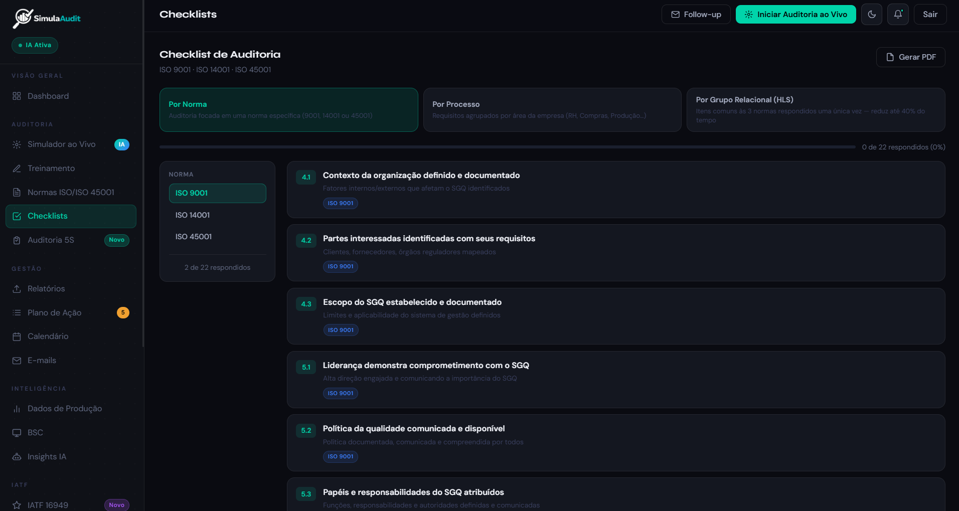 Checklist ISO em andamento — cláusula com campos de evidência
